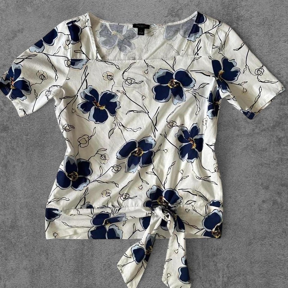 Ann Taylor Womens Blue White Floral Square Neck Tie Hem Cotton Top S